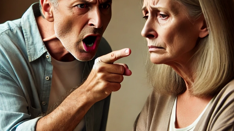 DALL·E 2024-10-19 18.38.39 - A middle-aged man, around 50 years old, angrily yelling at a woman of the same age. The man, with graying hair and a stern expression, is standing wit