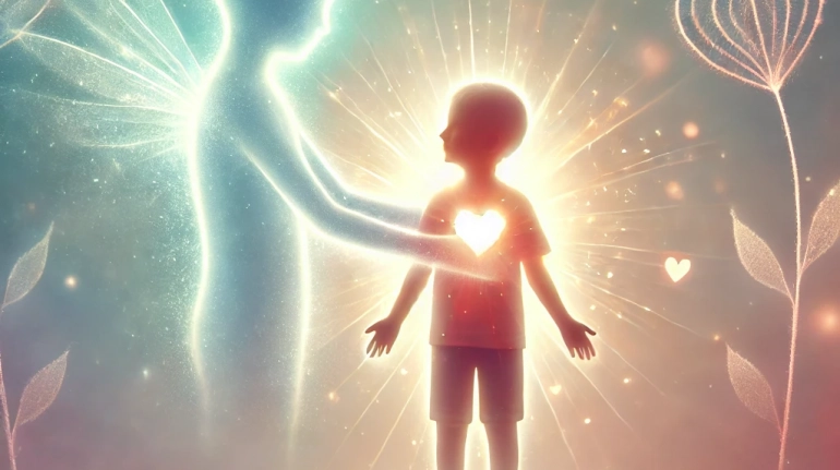 DALL·E 2024-10-23 08.55.34 - A gentle and heartwarming image symbolizing the healing of the inner child. In the center, a glowing, innocent child figure stands with open arms, sur