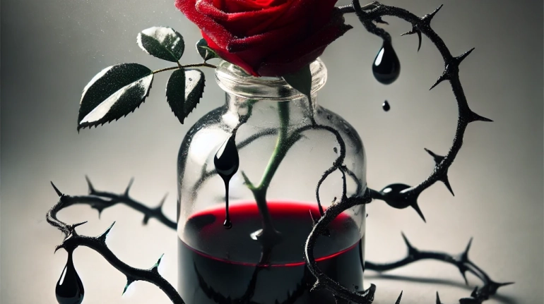 DALL·E 2024-10-27 13.43.23 - A symbolic image portraying 'poisoned love'_ a beautiful red rose held in a delicate glass vial, with dark, thorny vines wrapping around it, dripping