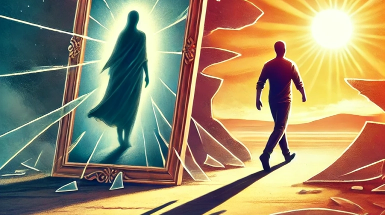 DALL·E 2025-01-29 13.54.41 - A symbolic illustration of healing from narcissistic abuse. A person walking away from a cracked mirror, leaving behind a dark past, while stepping in